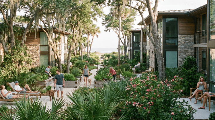 Modern rental community building with reserved parking spaces in Myrtle Beach SC.