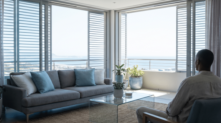 Spacious modern living room in long-term apartments for rent in Myrtle Beach.